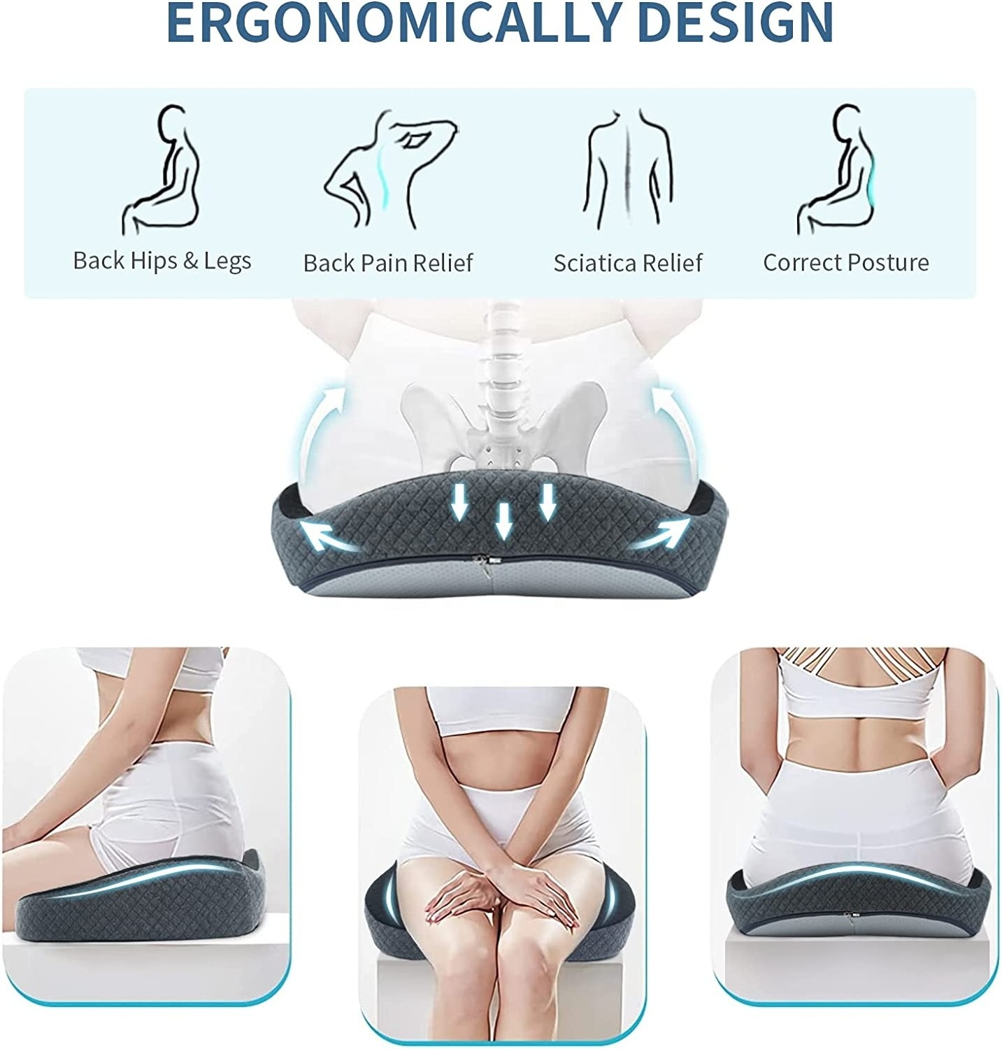 Large Office Chair Cushion Memory Foam Seat Cushions for Sciatica and Tailbone Pain Relief with Washable and Removable Cover