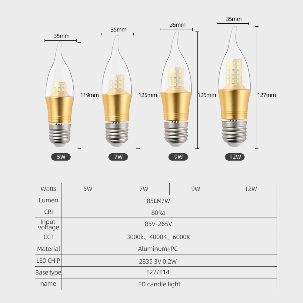 DVLIIL 5W 7W 9W 12W E27 Monochrome Charging Incandescent Upgrade Led candle bulb lights