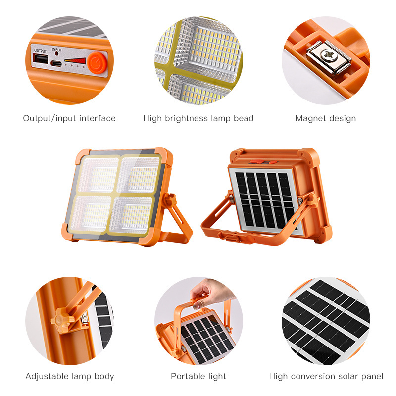 Hot Sale ABS IP67 Outdoor Mobile Power USB Output Charging 100 200 400 600 800 1000 watt Portable Solar Camping Flood Light