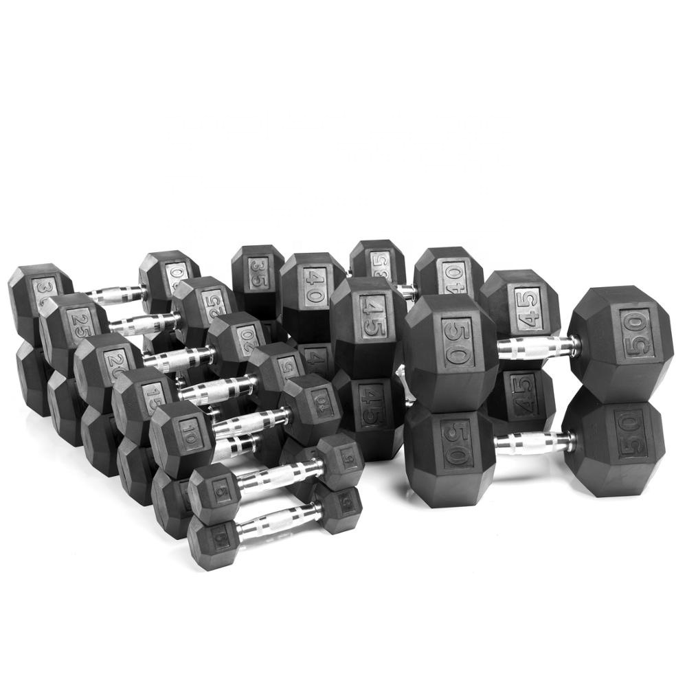 China Gym fitness equipment  5-50 LB Rubber Coated Hex Dumbbells for strength Training