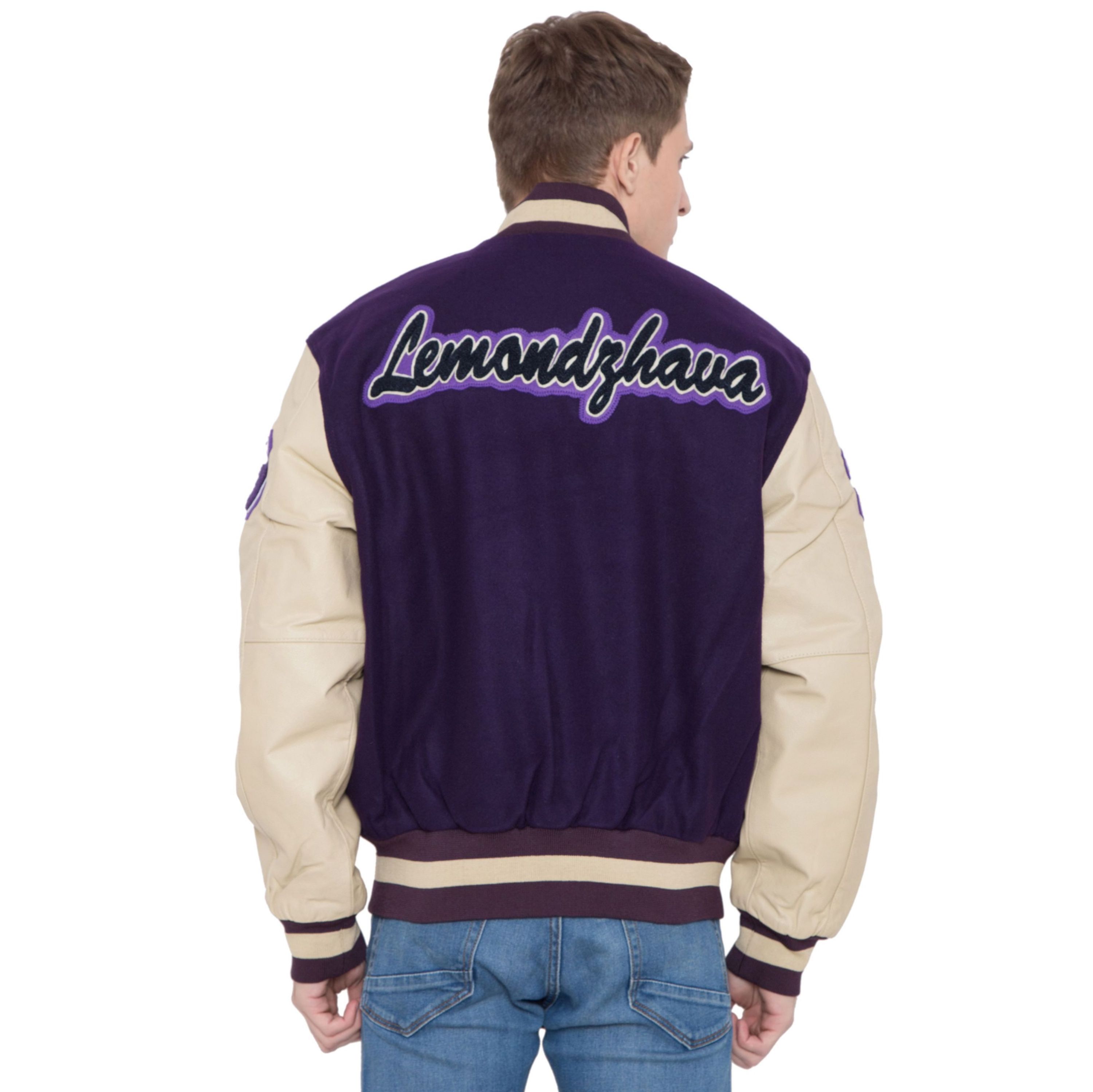 100% Cashmere Wool Body and Genuine Cowhide Leather Sleeves Dark Purple & Letterman Varsity Jacket