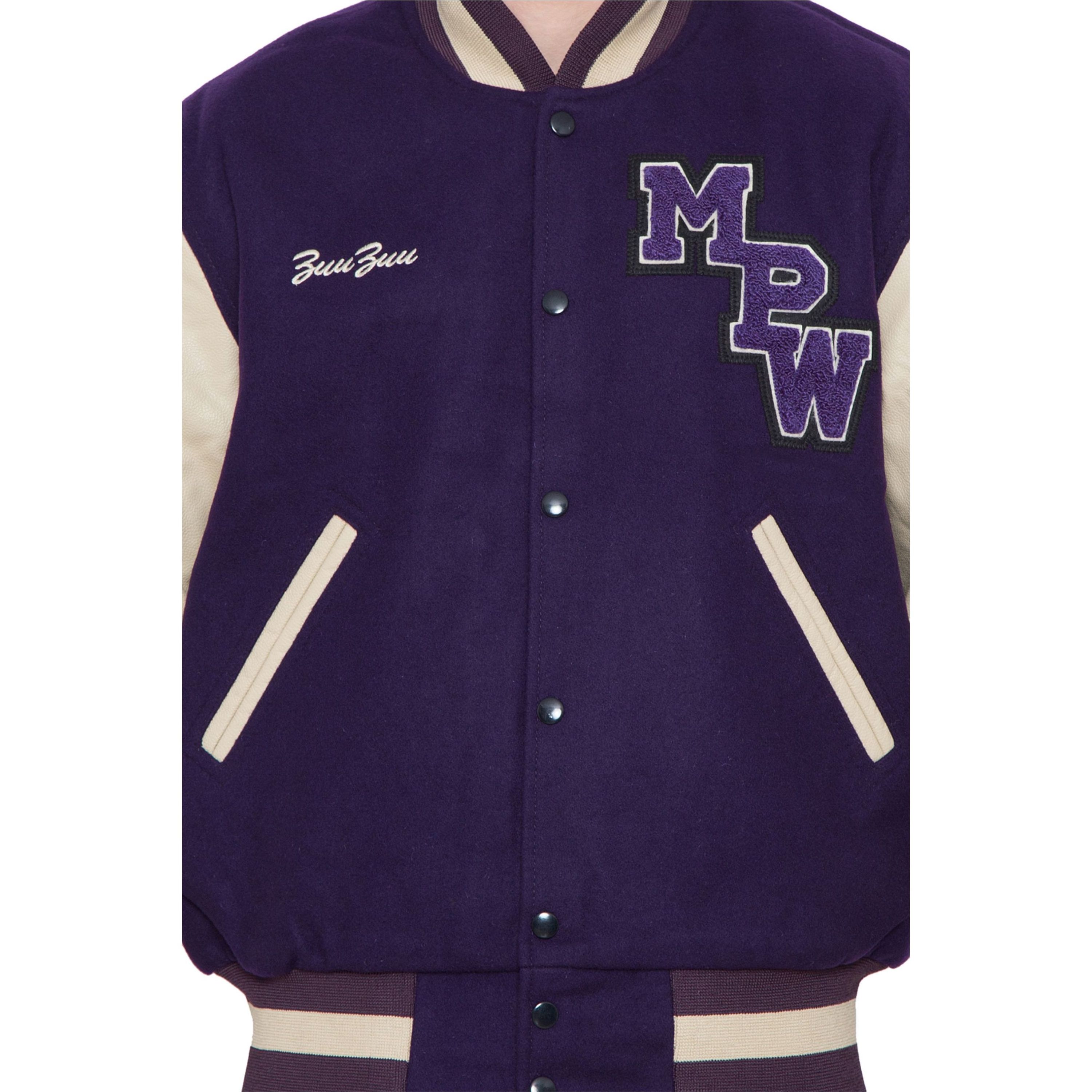 100% Cashmere Wool Body and Genuine Cowhide Leather Sleeves Dark Purple & Letterman Varsity Jacket