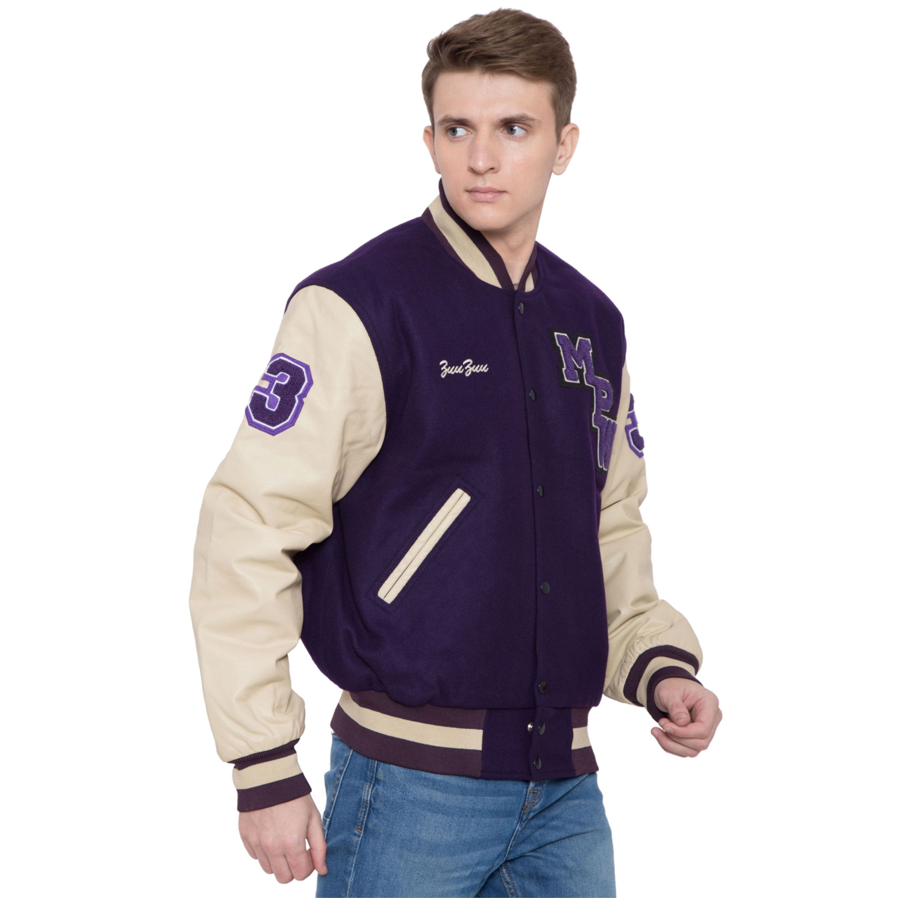 100% Cashmere Wool Body and Genuine Cowhide Leather Sleeves Dark Purple & Letterman Varsity Jacket