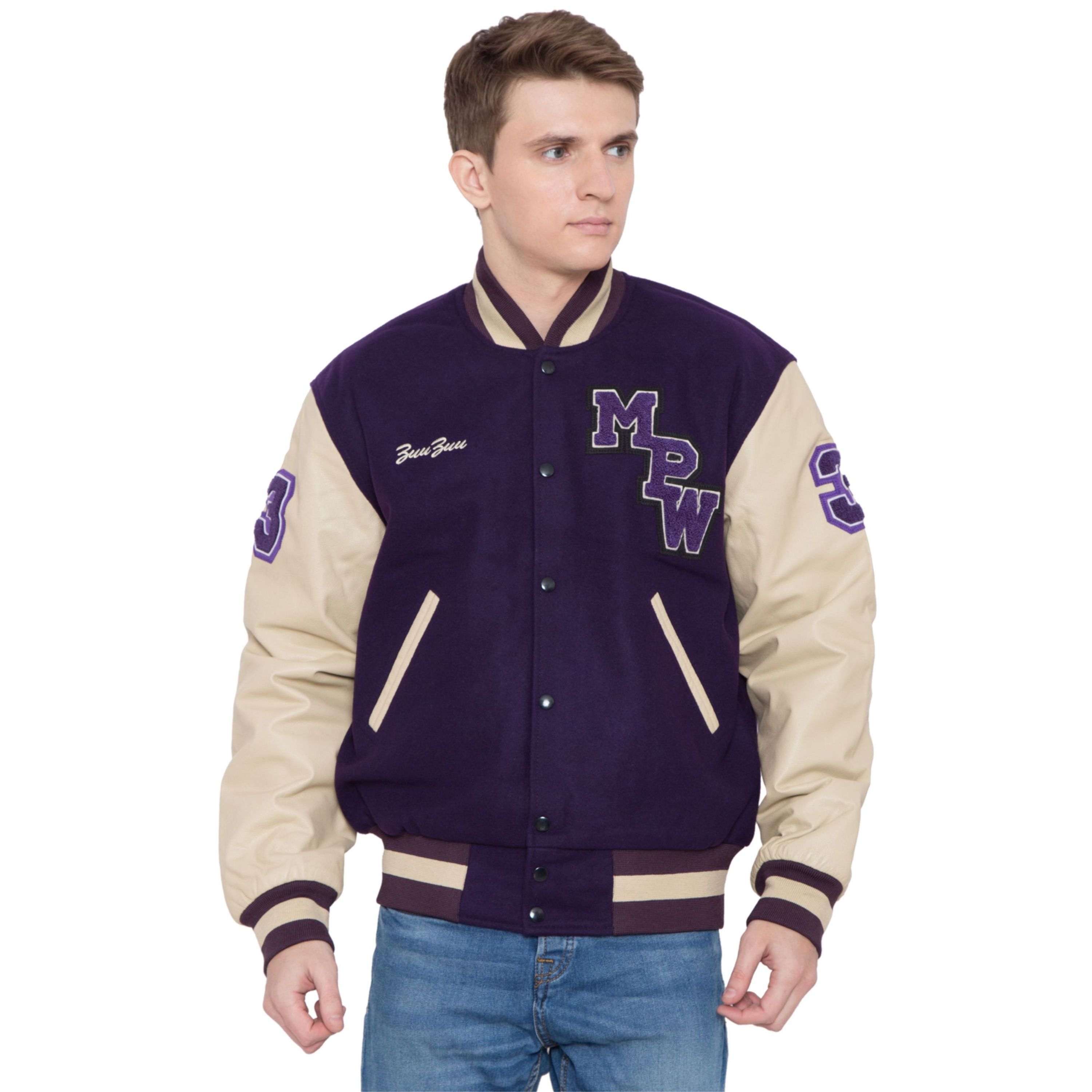 100% Cashmere Wool Body and Genuine Cowhide Leather Sleeves Dark Purple & Letterman Varsity Jacket