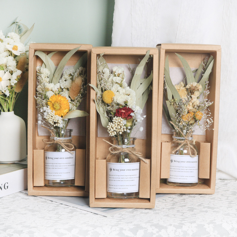 Festival Gift Decorative Dried Flowers Gift Box Glass Bottle Preserved Flowers Dried Flower Bouquet