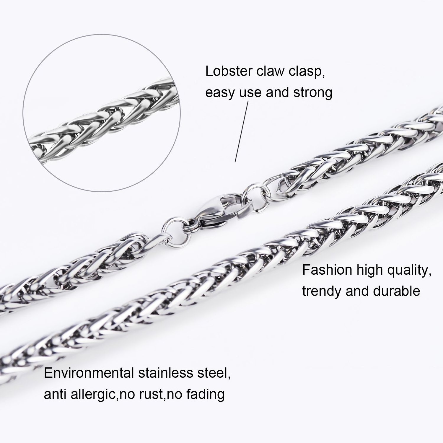 Manufacturers Wholesale Gold Plated Stainless Steel  Wheat Chain jewelry  3.0mm-10mm chunky optional Necklace