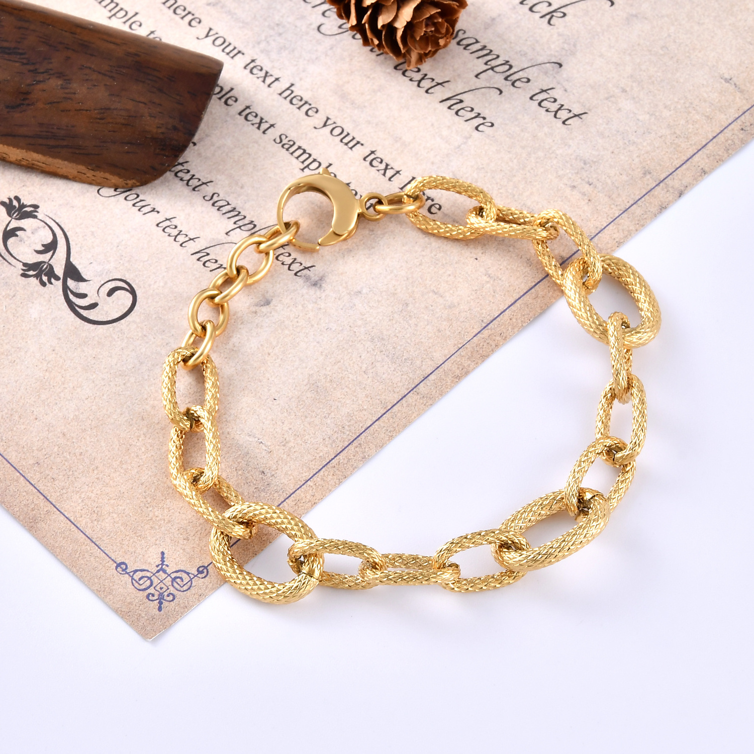 Stainless Steel Thick Chunky Chain Bracelet 14K 18K Real Gold Coated Fashion Jewelry with Extension