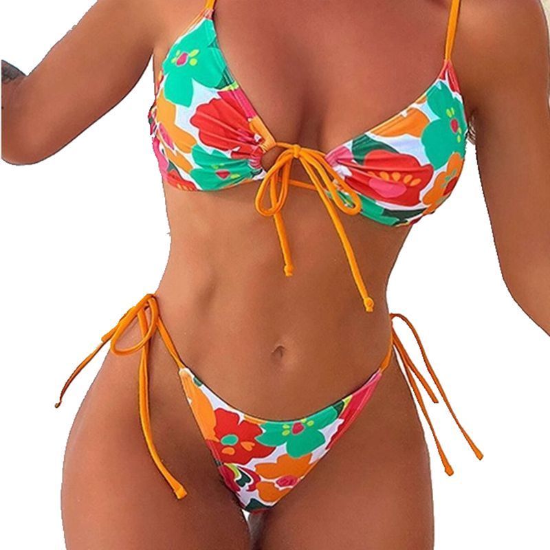 Women's Printed Custom Swimsuit Sexy Ladies Tie String Thong Two Piece Set Bikini Beachwear