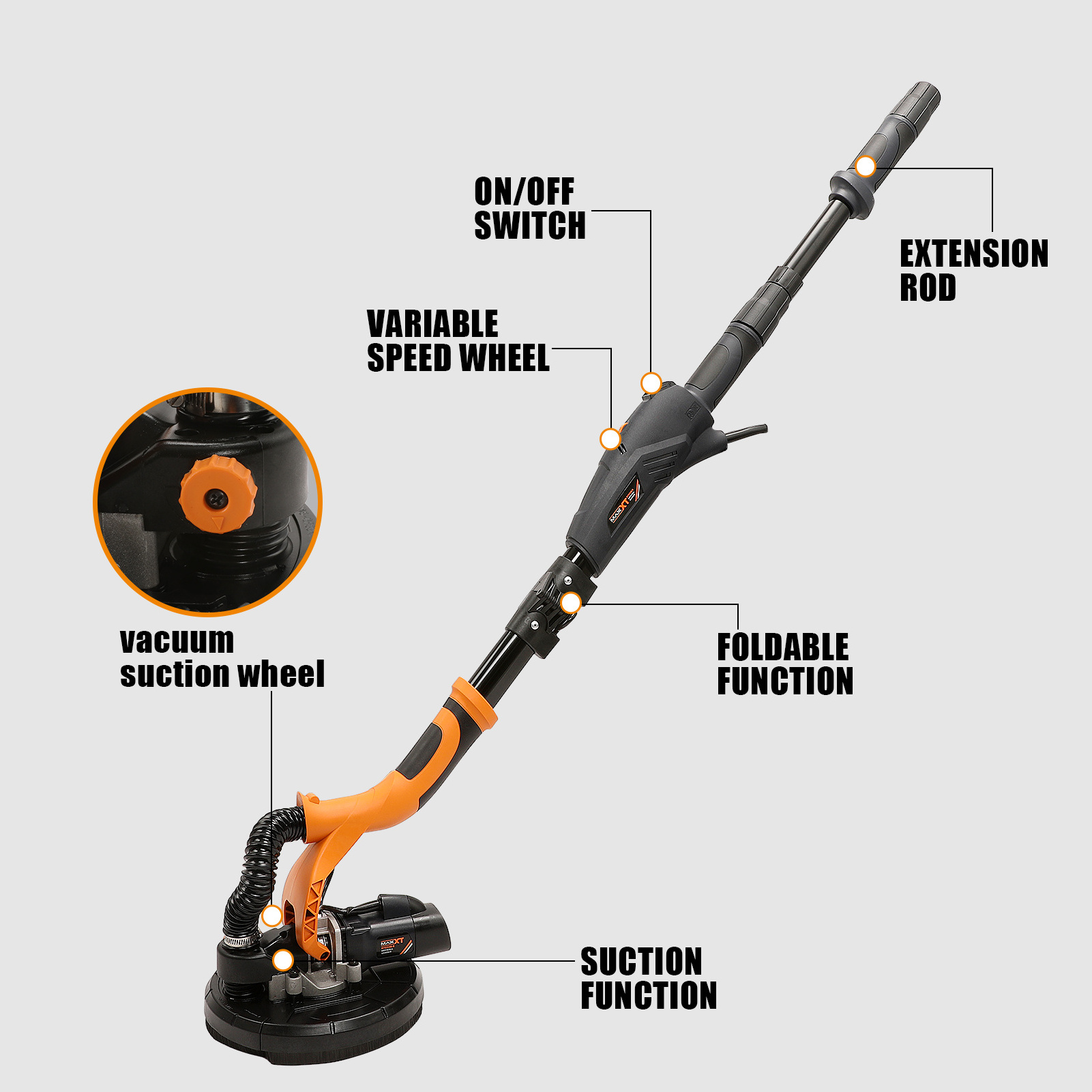 MAXXT 710W 225mm Drywall Sander Ceiling Grinder With Foldable Telescoping Design Variable Speed 600-1500RPM