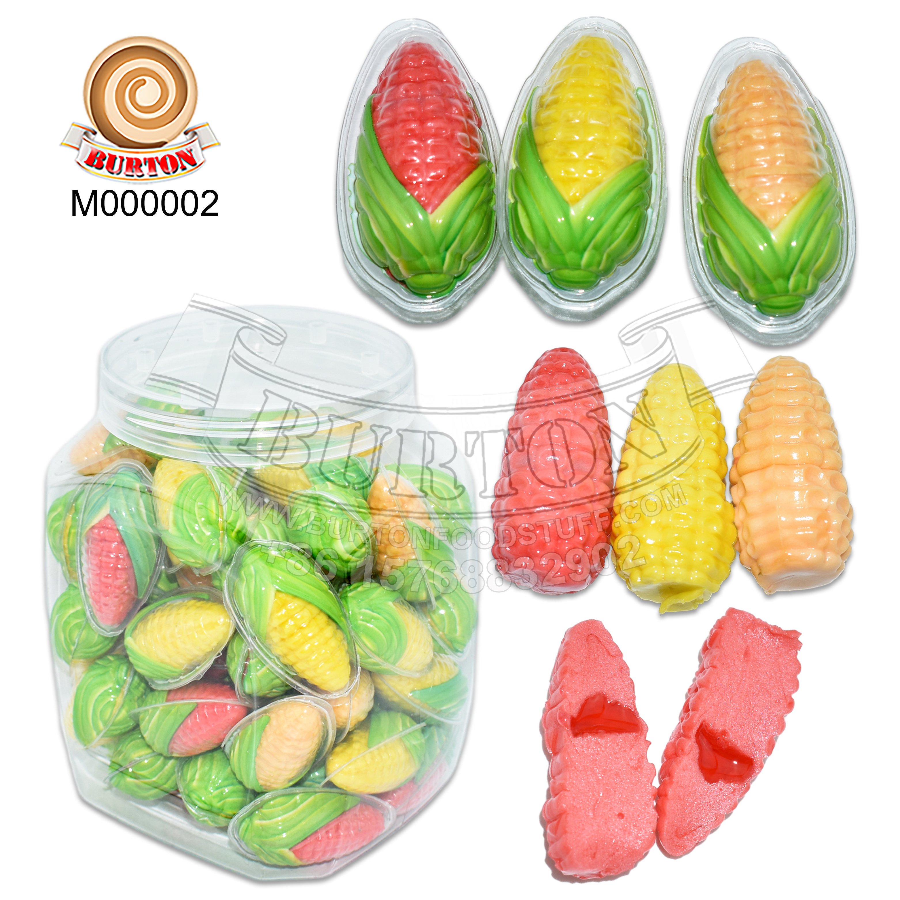 Mini corn shape gummy candy halal sweet colourful soft candy filled with fruit jam