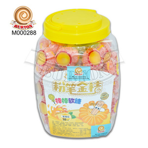 Hot selling colorful Chalk kumquat orange shape halal fruity orange flavor funny lollipop gummy candy soft candy