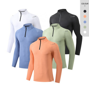 Men Gym half zip shirts Polo collar long sleeve shirts polyester highly quality training  muscle shirts