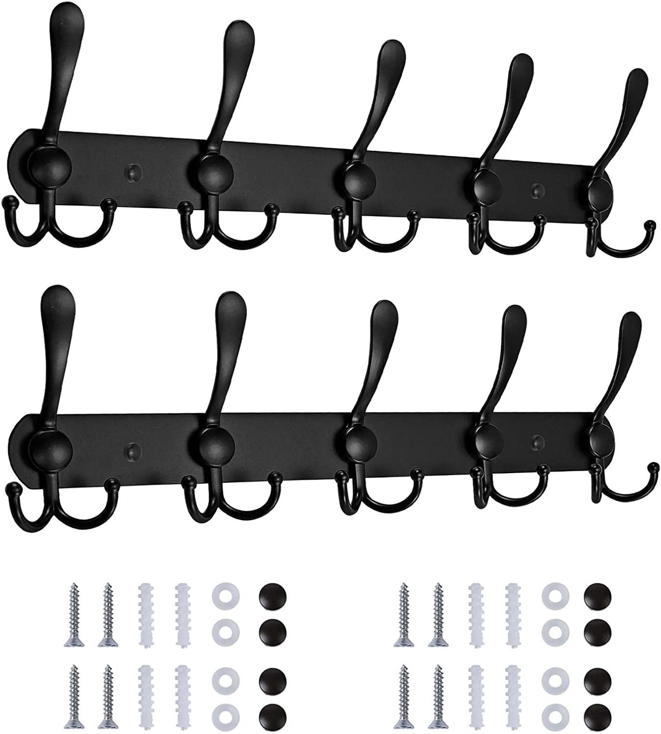 Black Coat Hooks for Wall 5 and 3 Tri Hook Racks Heavy Duty Hook Rail for Hats Towels Handbags Robe Wall Mounted Coat Rack