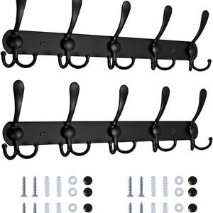 Black Coat Hooks for Wall 5 and 3 Tri Hook Racks Heavy Duty Hook Rail for Hats Towels Handbags Robe Wall Mounted Coat Rack