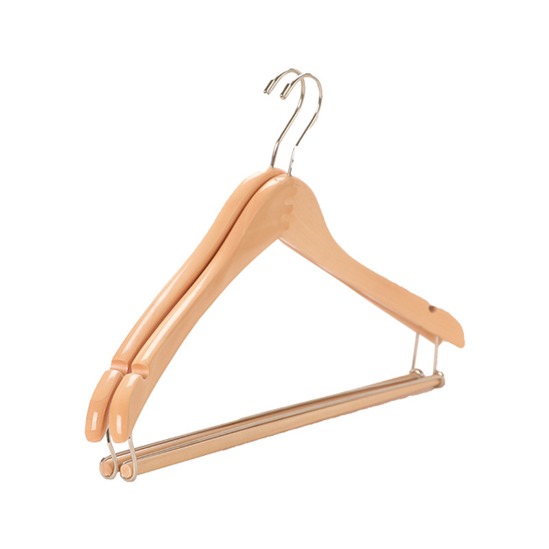 Contoured Wooden Hangers Solid Wood Anti-slip Suit Coat Hangers with Locking Bar Chrome Hook