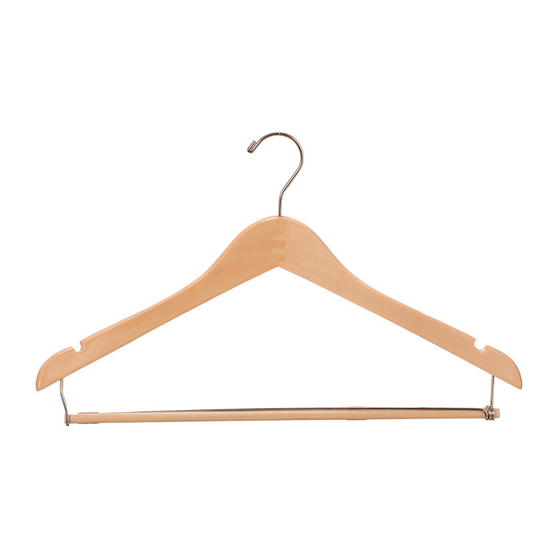 Contoured Wooden Hangers Solid Wood Anti-slip Suit Coat Hangers with Locking Bar Chrome Hook