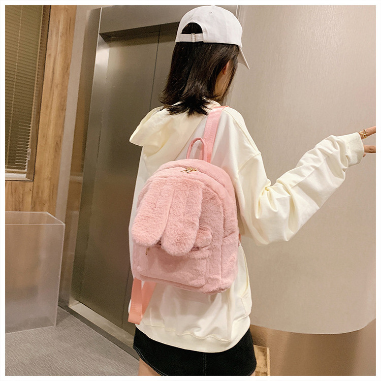 2023 trendy plush faux fur girl school bag kids backpack bunny Rabbit ear plush backpack