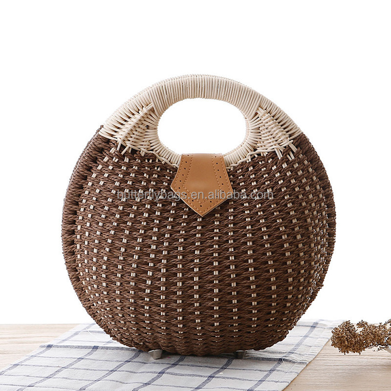 Wholesale women summer natural raffia straw bag shell shape rattan straw beach tote hand bag