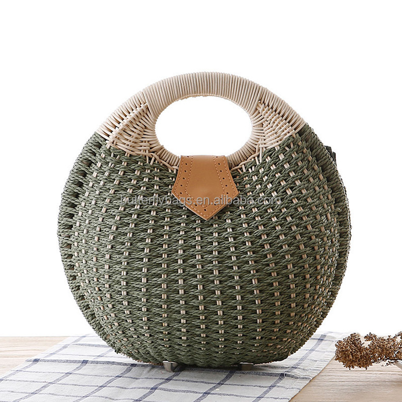 Wholesale women summer natural raffia straw bag shell shape rattan straw beach tote hand bag