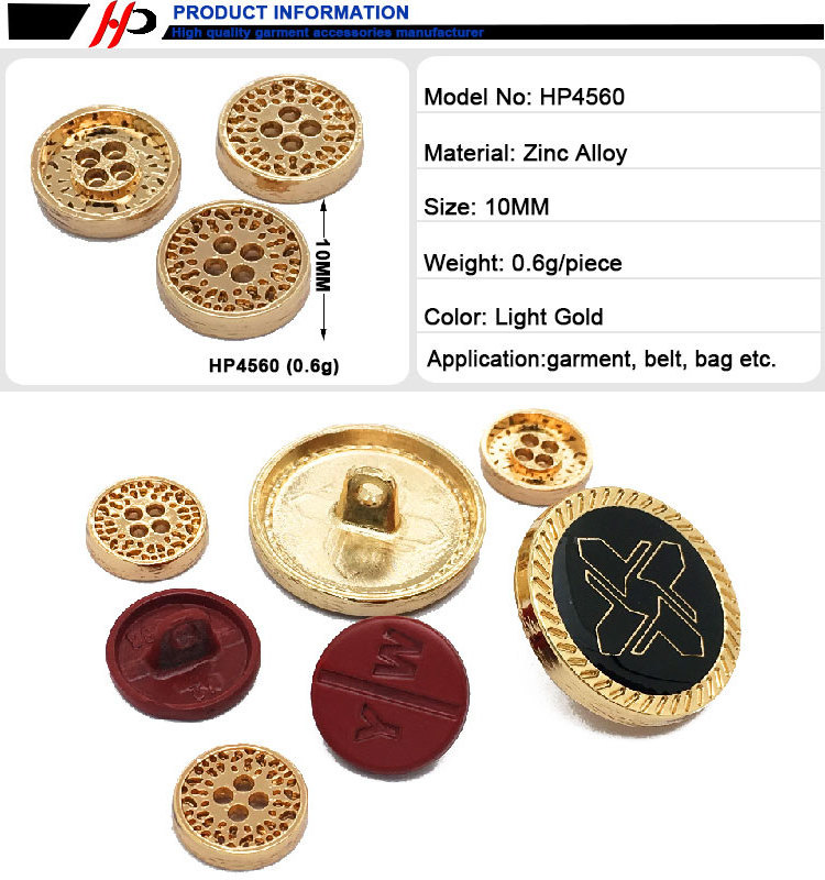 Wholesale Blazer Coat Garment Fancy Custom 4 Hole Golden Round Metal 14L Women Luxury Shirt Button