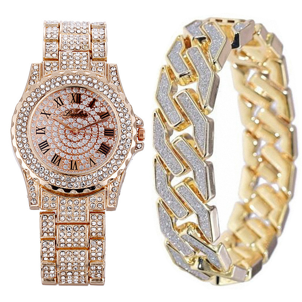 Bling-ed CZ Hip Hop Rapper Fully Diamond Watches Iced Out Cuban Bracelet Silver Gold Round Luxury Quartz Wrist Mens Watch