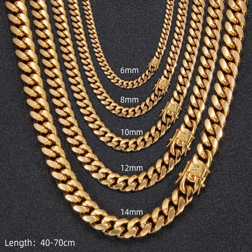 6 8 10 12 14 16 18mm 316L Chunky Stainless Steel 18k Gold Plated Hip Hop Cuban Curb Link Mens Miami Cuban Link Chain Necklace