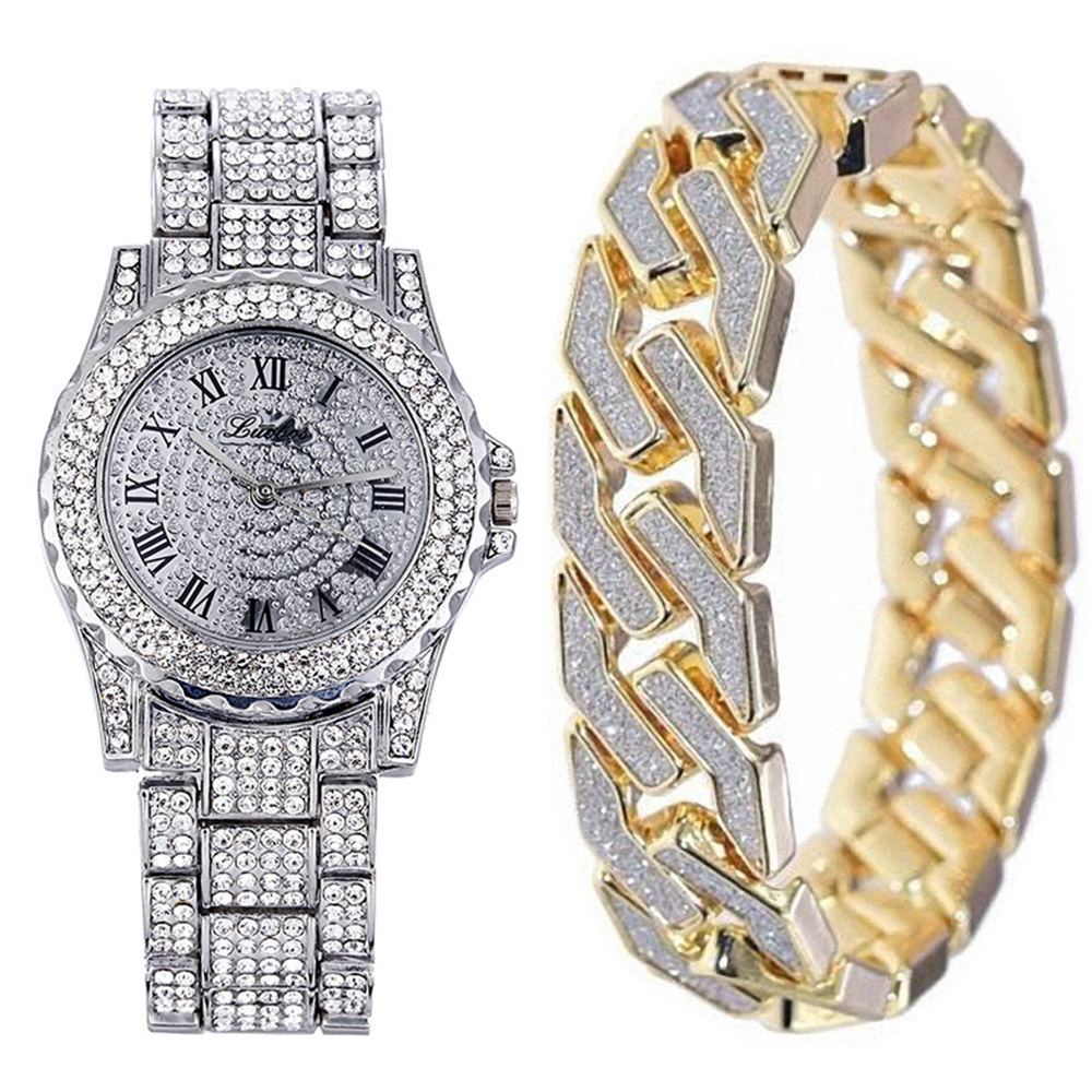 Bling-ed CZ Hip Hop Rapper Fully Diamond Watches Iced Out Cuban Bracelet Silver Gold Round Luxury Quartz Wrist Mens Watch