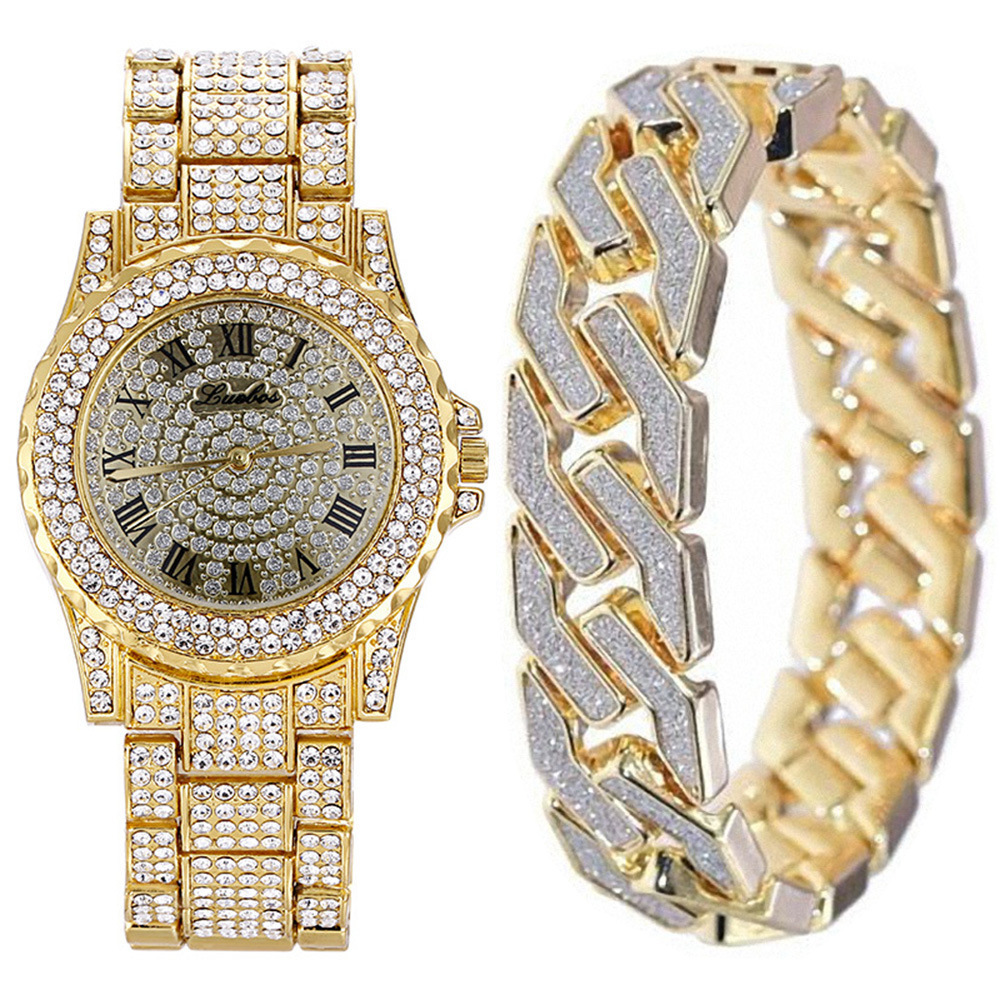 Bling-ed CZ Hip Hop Rapper Fully Diamond Watches Iced Out Cuban Bracelet Silver Gold Round Luxury Quartz Wrist Mens Watch