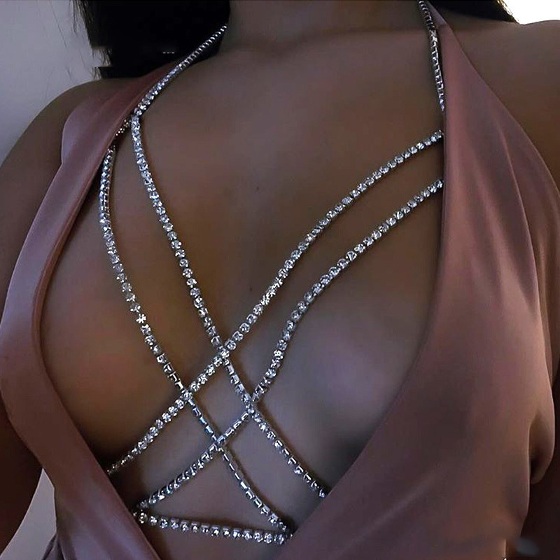 NEW Crystal Body Chain Silver Rhinestone Bling Bra Chain Sexy Bikini Nightclub Body Chain Accessories for Women and Girls