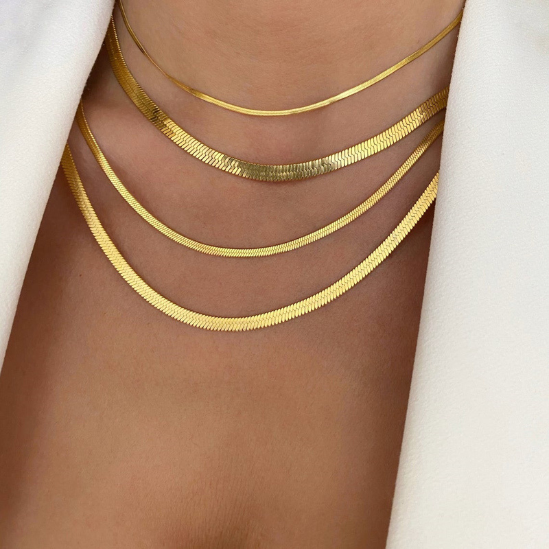 Collar Kolye PVD 18k Gold Filled Stainless Steel Herringbone Choker Layered Necklace Flat Snake Chain For Women Jewelry