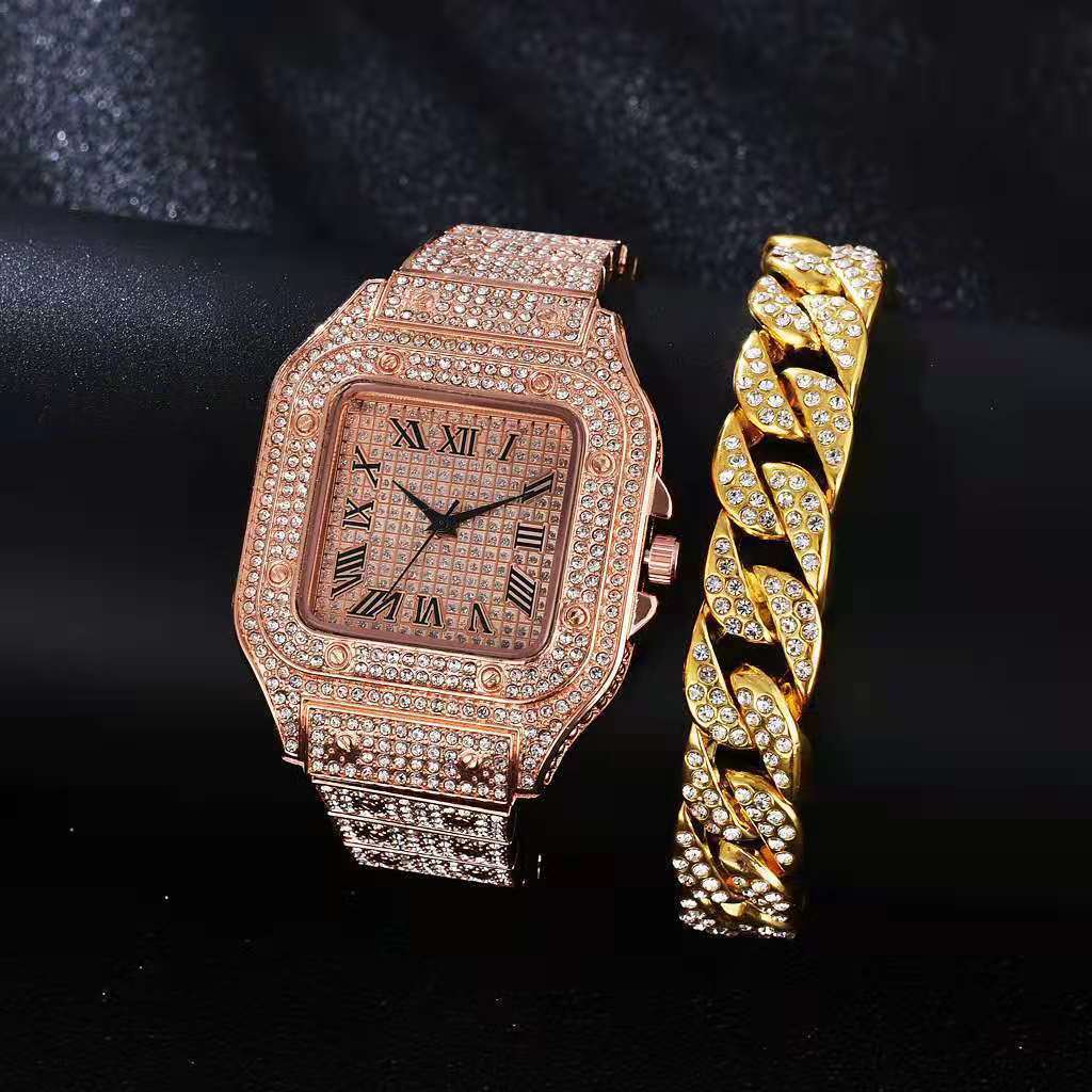 Bling-ed CZ Hip Hop Rapper Fully Diamond Watches Iced Out Cuban Bracelet Silver Gold Round Luxury Quartz Wrist Mens Watch