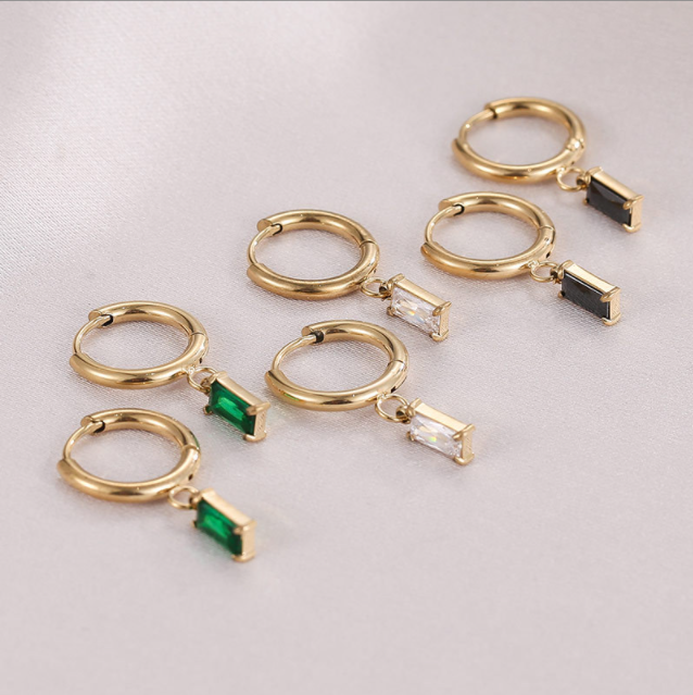 green zircon hoop woman 18K gold plated stainless steel earrings