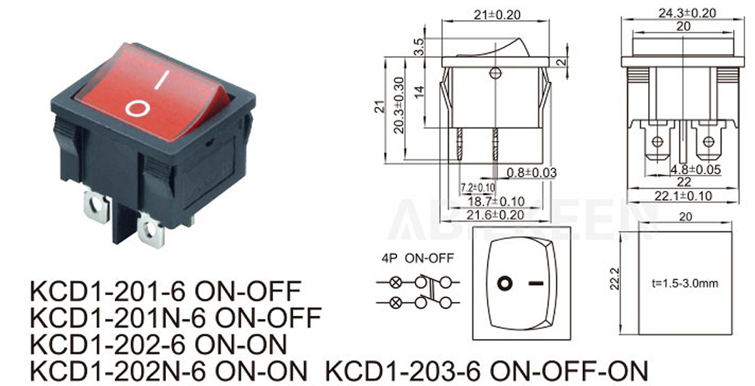 High Quality Hot Selling No Illuminated 2 Pole 1 Red Button ON-OFF Rectangle Shape Miniature Rocker Switch with 4 Pin Terminal