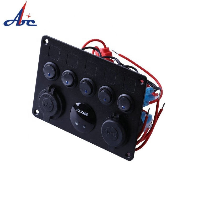 12V Socket With Voltmeter Universal 5 Gang Marine Button Switch Panel Boat USB Micro Waterproof Rv Rocker Switch Panel