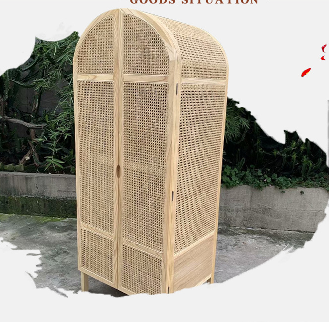 Two door solid wood natural rattan wardrobe