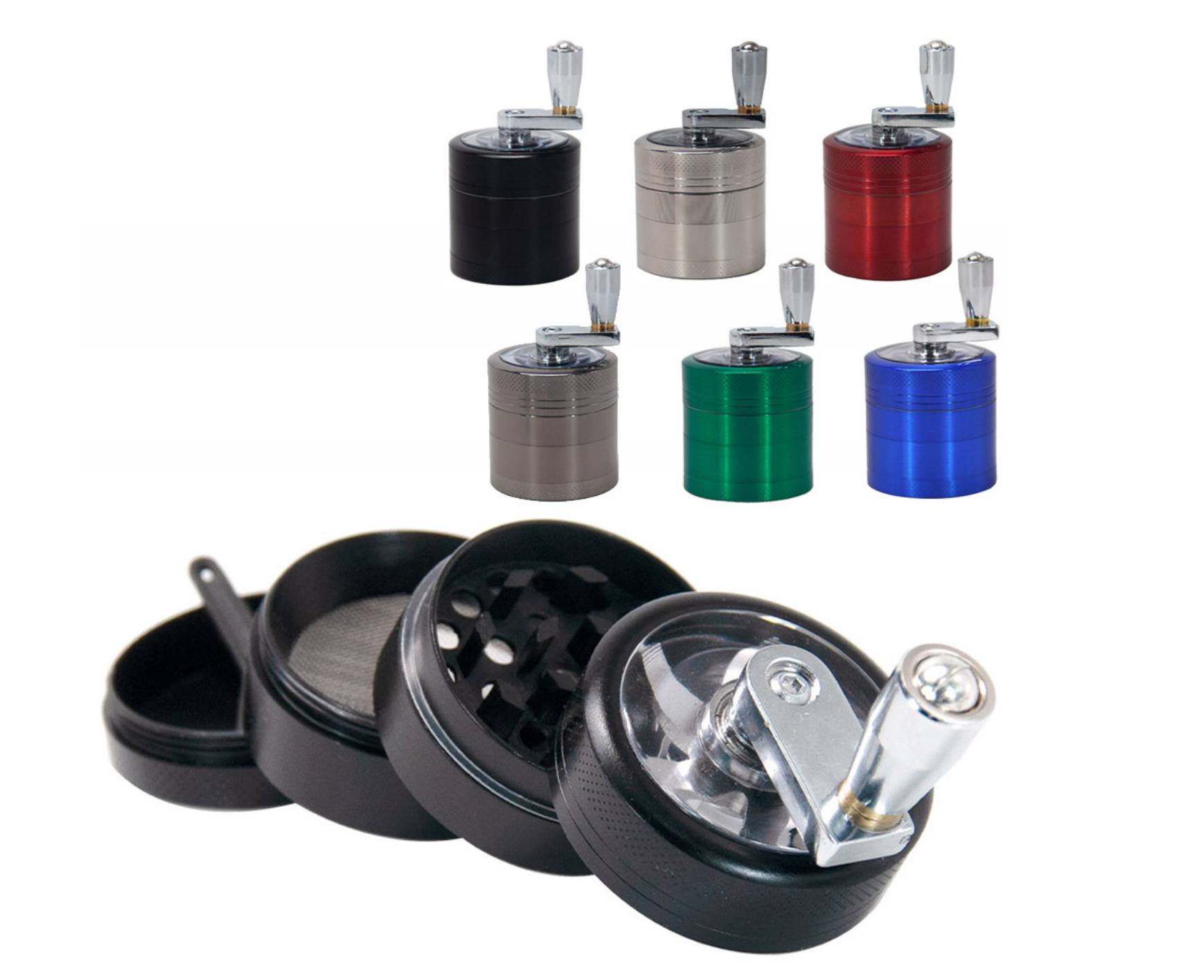 Herb Grinder Hand Crank Spice Grinder with Magnetic Lid and Clear Top Aluminum Manual Large Grinder with Handle