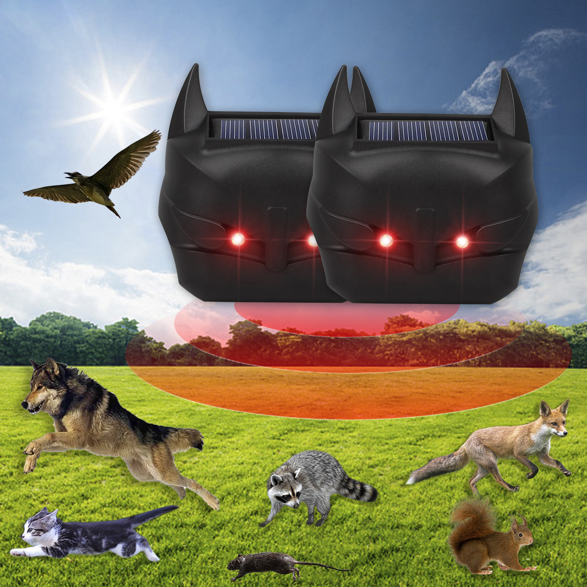 Solar Animal Repeller with Red LED Lights Outdoor Night Guard Animal Predator Repellent for Scares