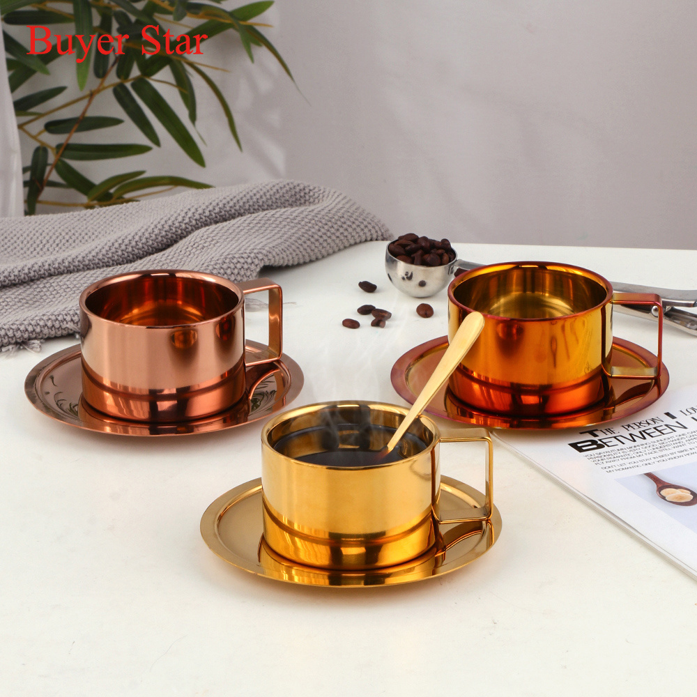 Stainless Steel Coffee Mugs With Handle Elegant Water Milk Tea Mug  saucer Double Wall Mug With Tray