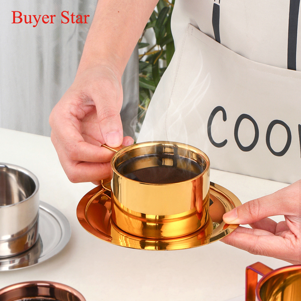 Stainless Steel Coffee Mugs With Handle Elegant Water Milk Tea Mug  saucer Double Wall Mug With Tray