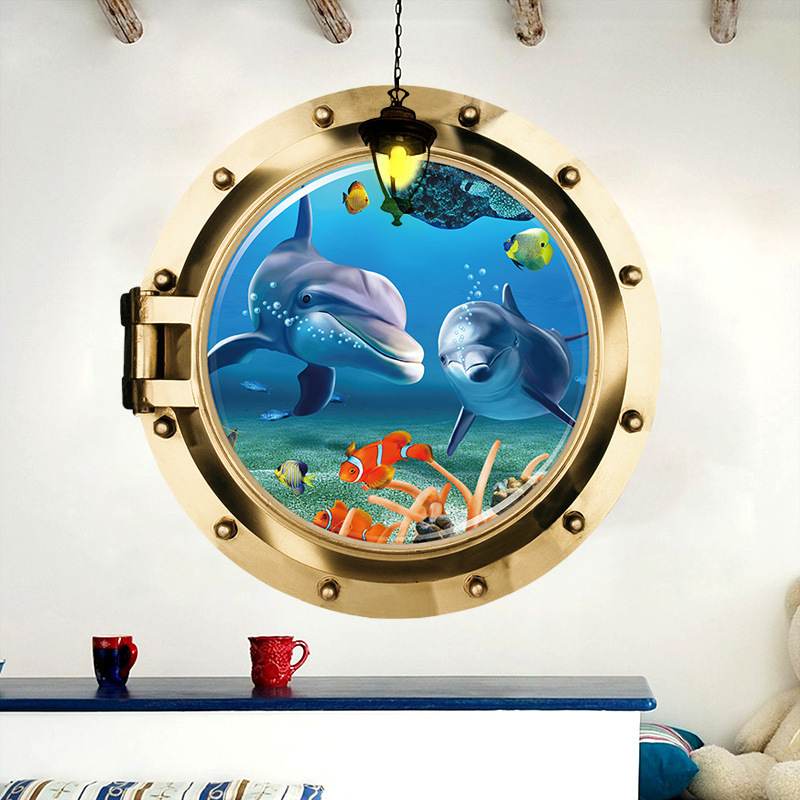 Underwater World Submarine False Window Wall Decoration 3d Wall Stickers Home Decor for Kids Room