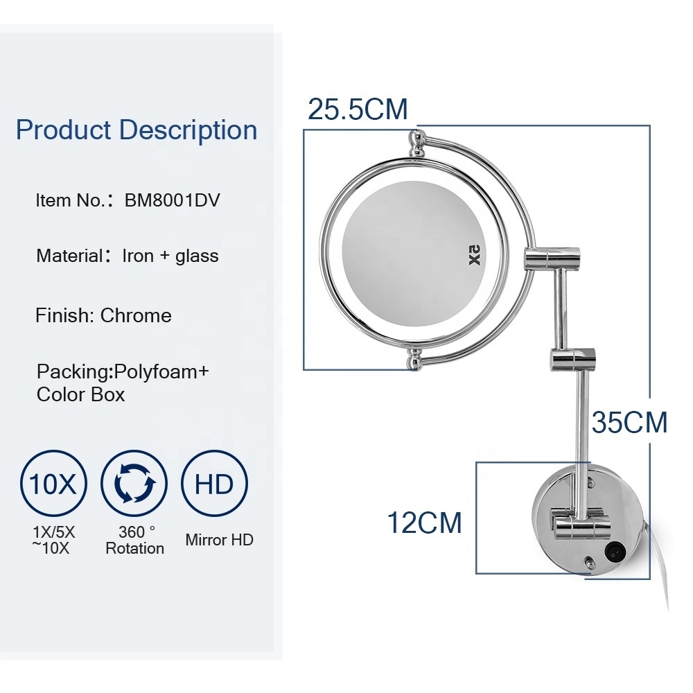 modern custom round Magnifying lighted swing arm adjustable wall mounted shaving mirror