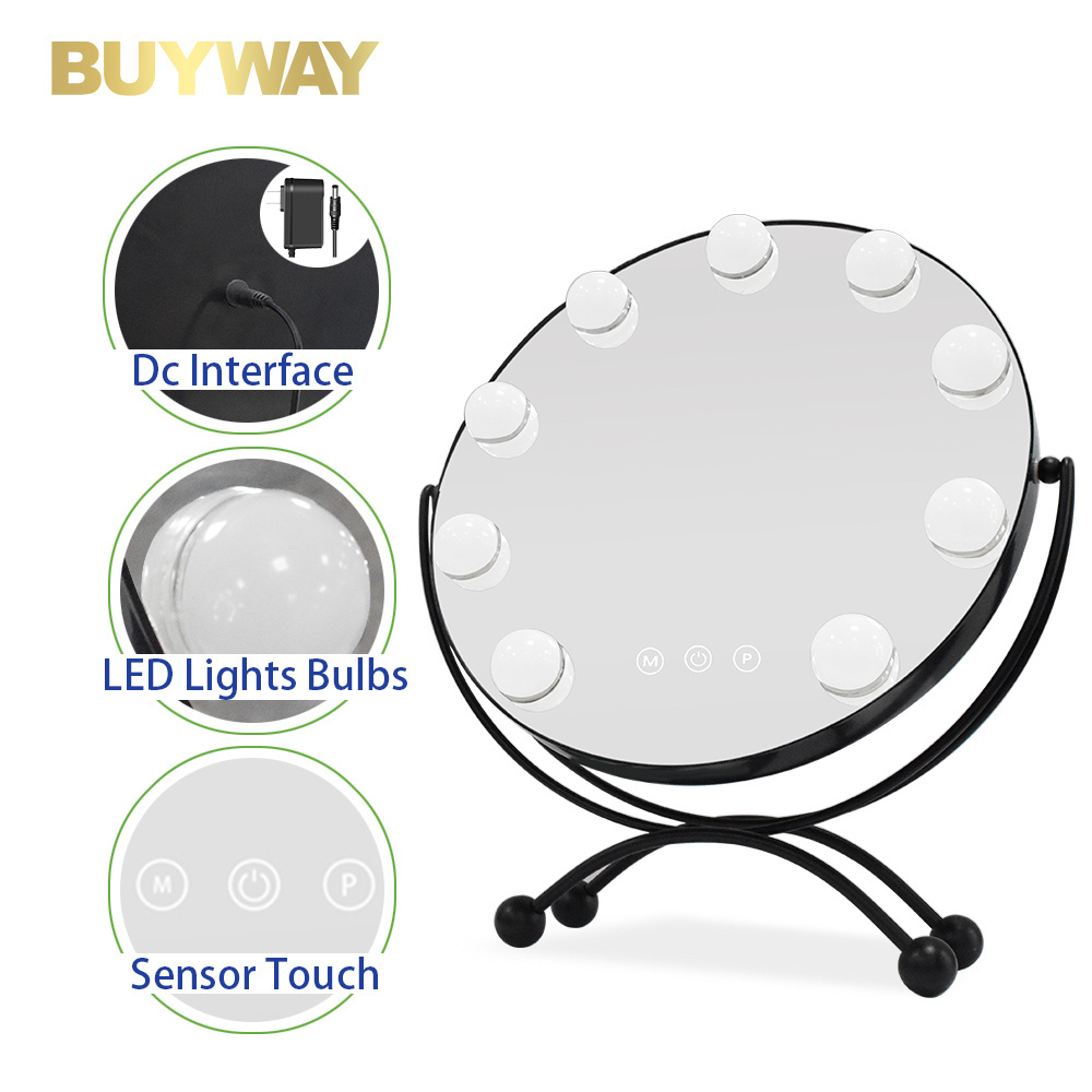 3 Color Lights Dimmable Desktop Smart Led Round Hollywood Mirror With Light Bulbs