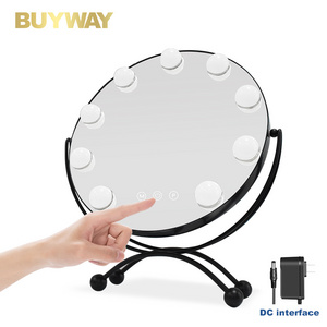 3 Color Lights Dimmable Desktop Smart Led Round Hollywood Mirror With Light Bulbs