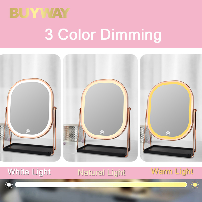 Guangdong Chrome Copper 3 Color Dimming Plastic Storage Base Desktop LED Makeup Mirror