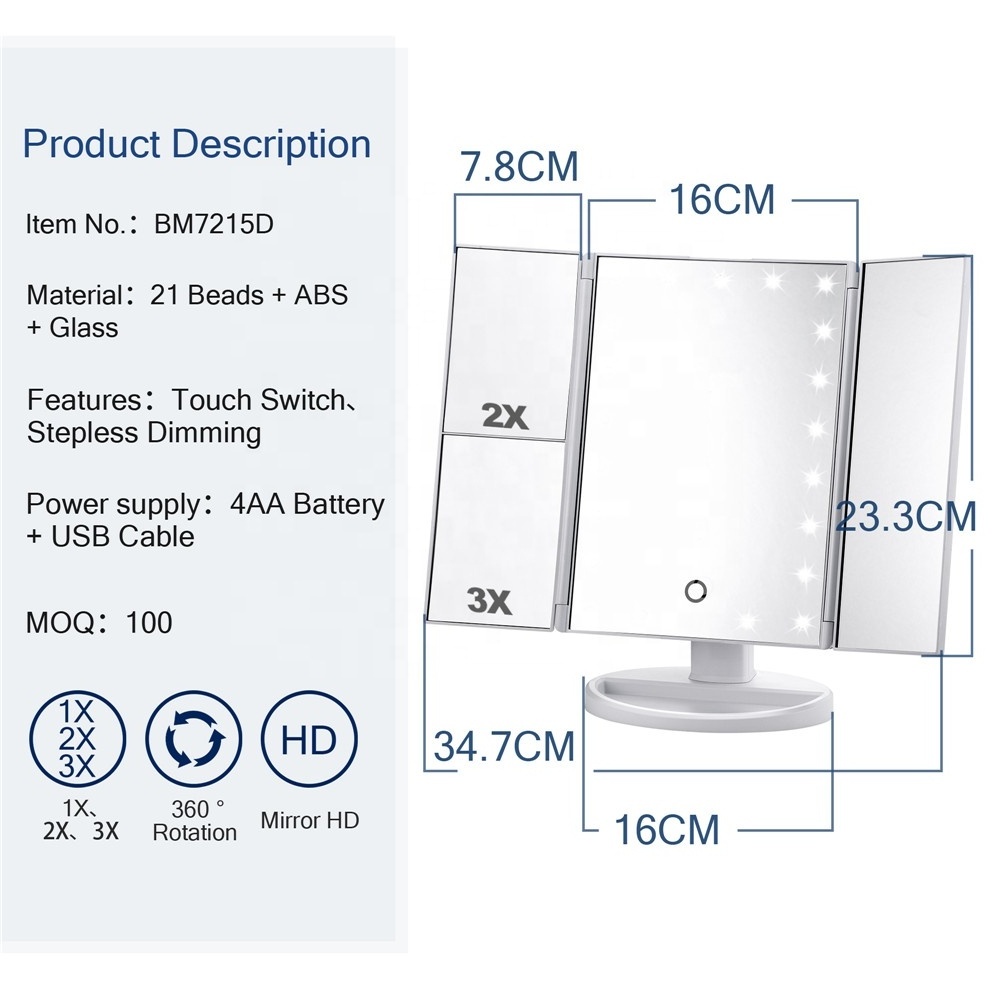 Portable Trifold beauty Makeup Vanity Mirror with Lights, 1x 2x 3x Magnification 180 Degree Rotation, Dual Power Supply