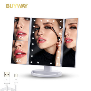 Portable Trifold beauty Makeup Vanity Mirror with Lights, 1x 2x 3x Magnification 180 Degree Rotation, Dual Power Supply