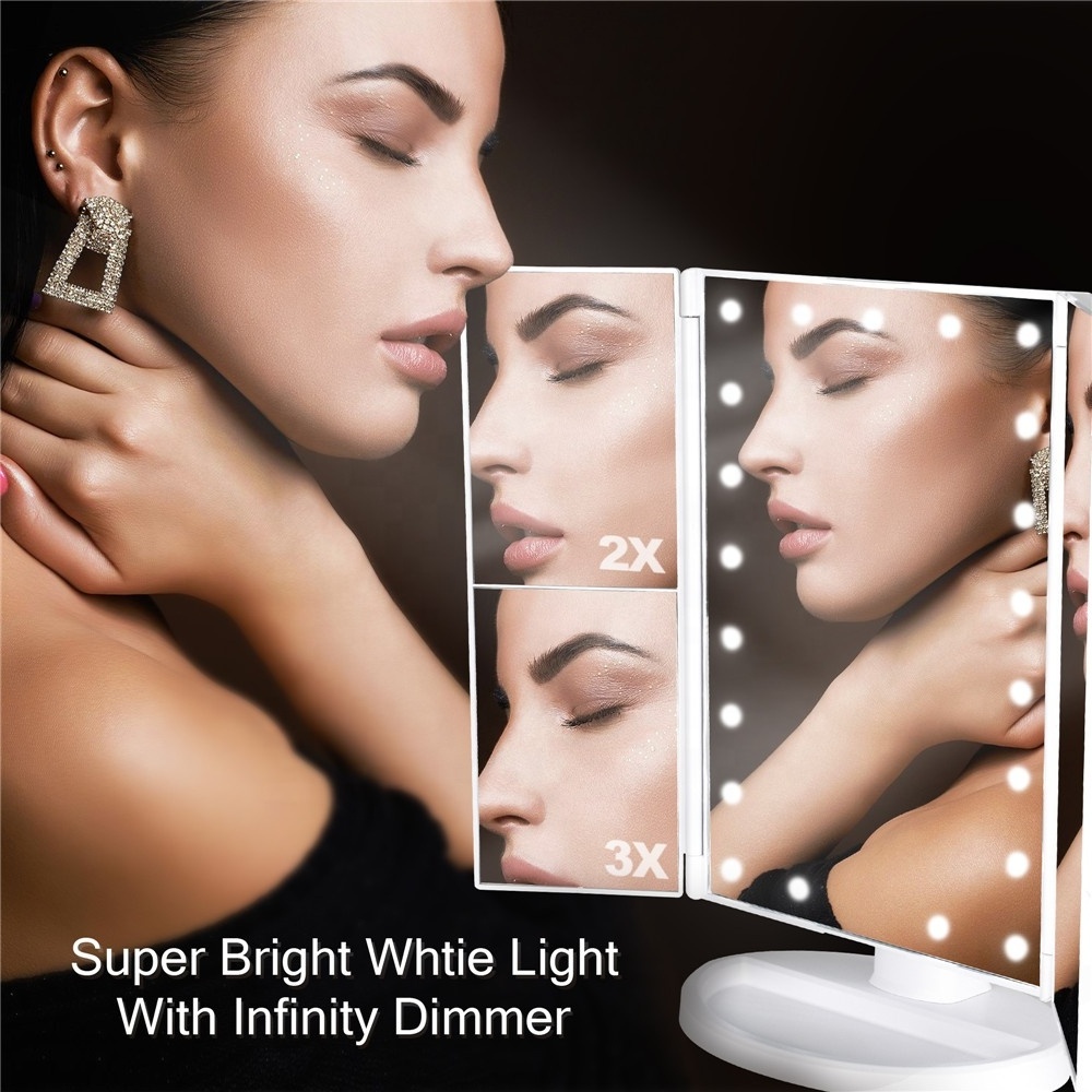 Portable Trifold beauty Makeup Vanity Mirror with Lights, 1x 2x 3x Magnification 180 Degree Rotation, Dual Power Supply