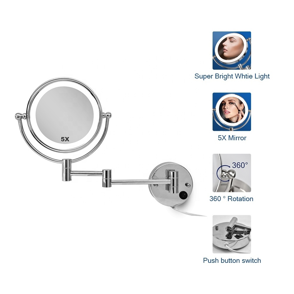 modern custom round Magnifying lighted swing arm adjustable wall mounted shaving mirror