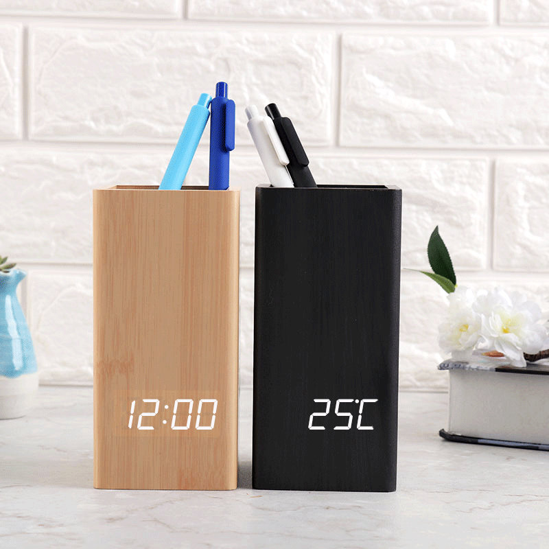 Multifunctional Modern Wooden Bamboo Digital Wood Mini Table Top Pen Holder Alarm Clock for Office Promotion Gifts