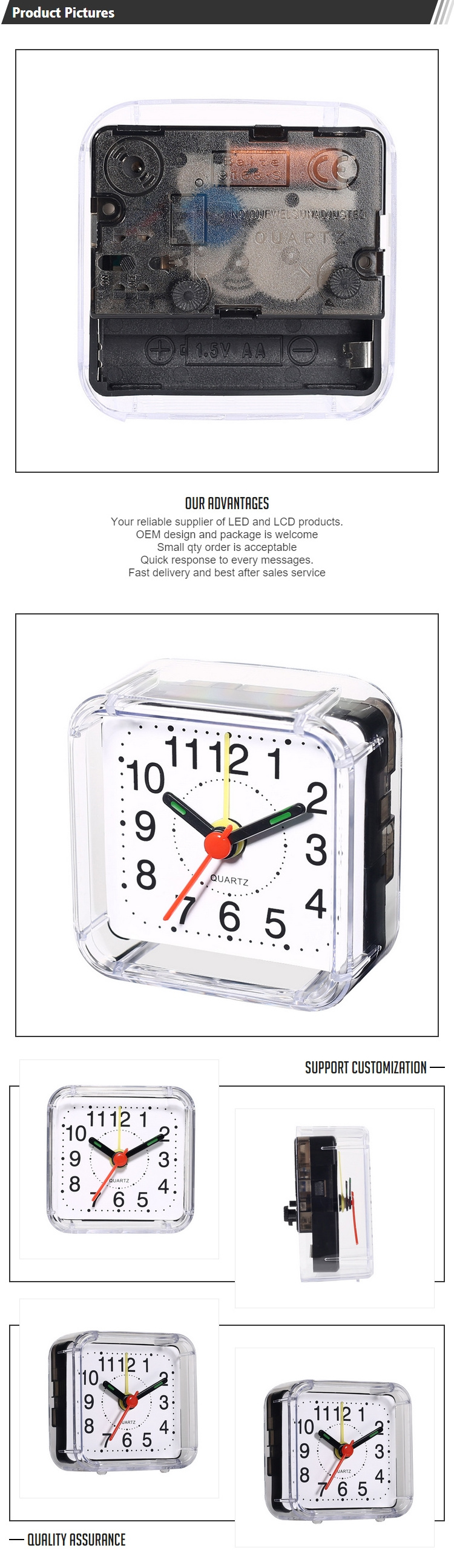 Square Small Bed Alarm Clock Transparent Case Compact Digital Alarm Clock Mini Children Student Desk Table Clock